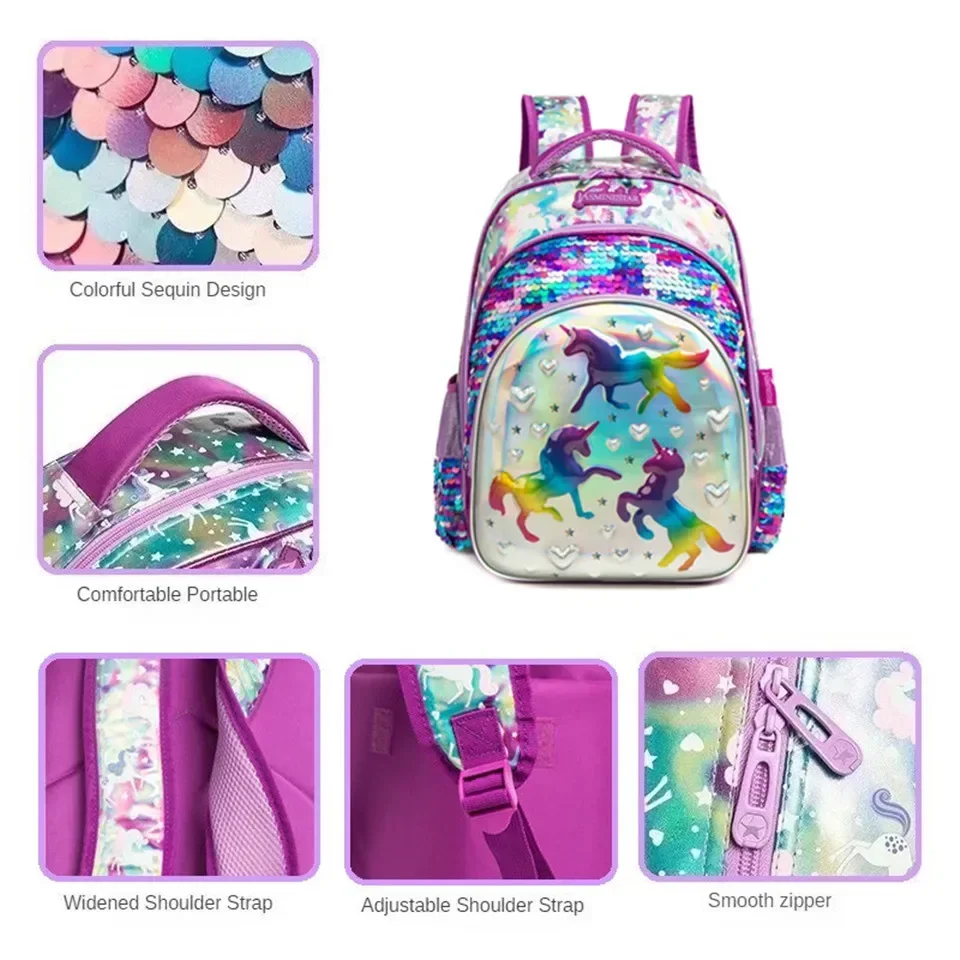 Kids School Bags for Girls 16 Inch Backpacks for Primary Children Sequin Backpack with Lunch Box Bag for Kindergarten Mochila