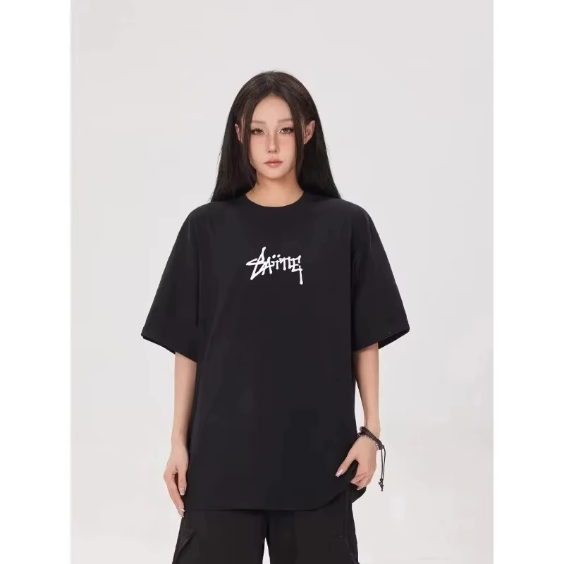 

2025 Summer New American High Street Cartoon Printed Short Sleeve T-shirt Men's and Women's Tshirt Loose Letter Street Top
