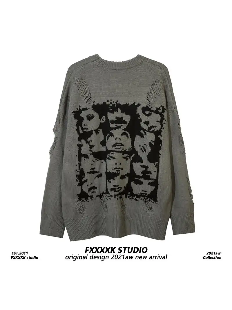 

Свитер FXK в стиле High Street, свободный крой, для пар, вязаный, осенне-зимний, модный дизайн с дырками, очень мягкий, повседневный, для мужчин...