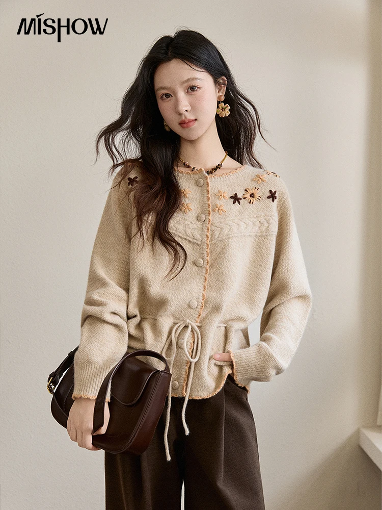 

MISHOW женский абрикосовый кардиган с ручной вышивкой, зима 2029, свитер из смесовой шерсти, вязаный крючком, толстый теплый трикотаж MXE87Z2702