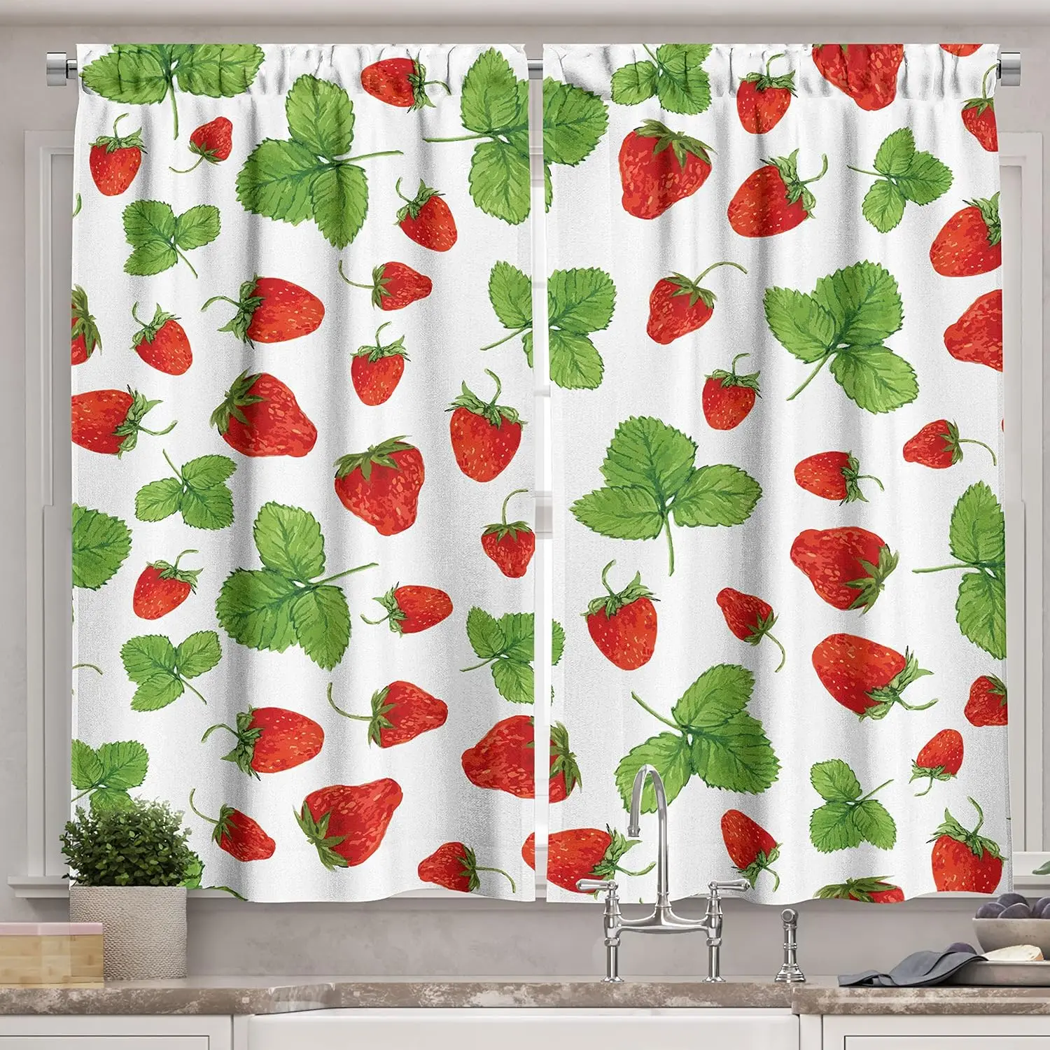 Kitchen Curtains, Strawberries with Green Leaves Hand Drawn Fresh Summer Fruit Illustration, Window Drapes Panel Set for Kitchen