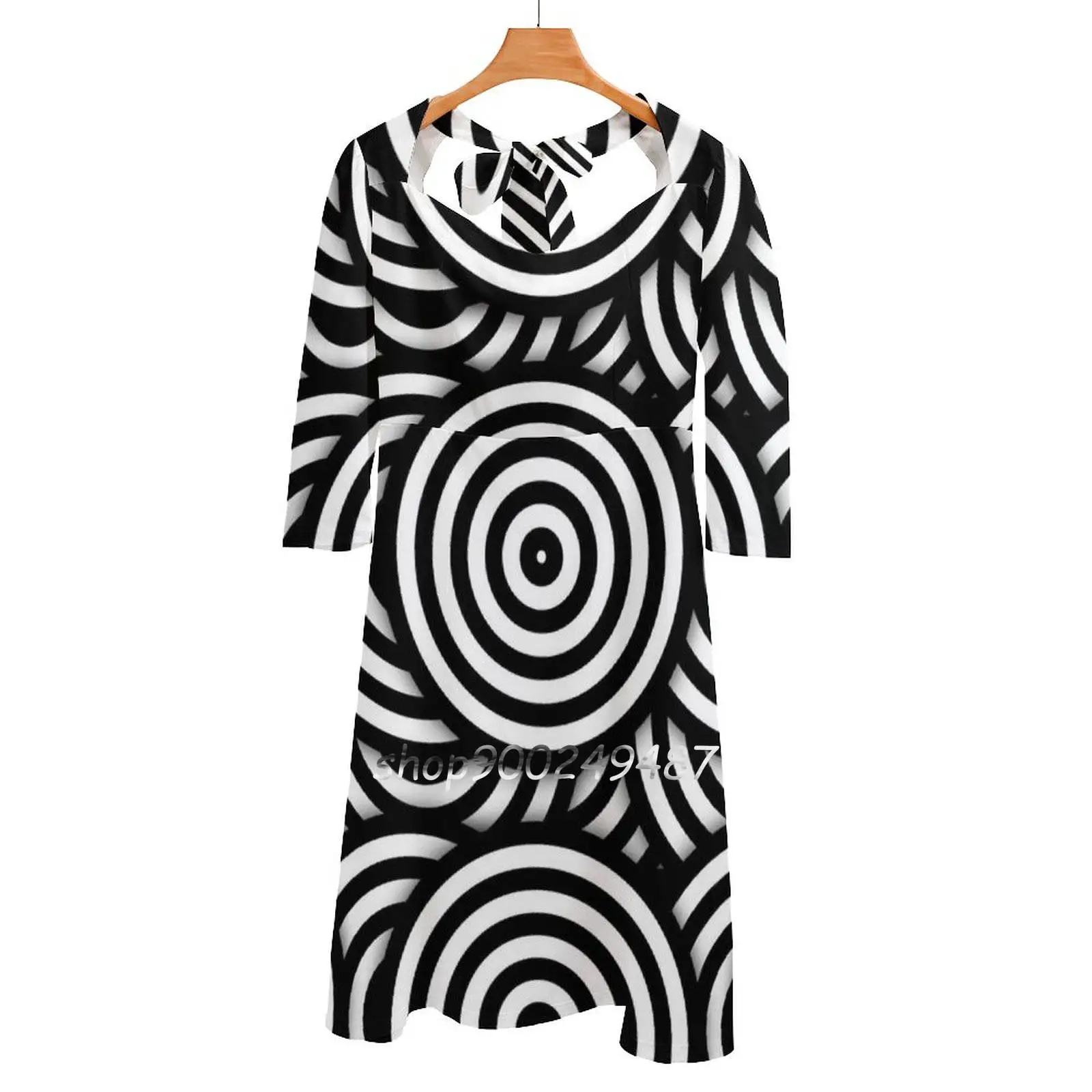 Retro Black White Circles Op Art Sweetheart Knot Flared Dress Fashion Design Large Size Loose Dress Psychedelic Retro Sixties