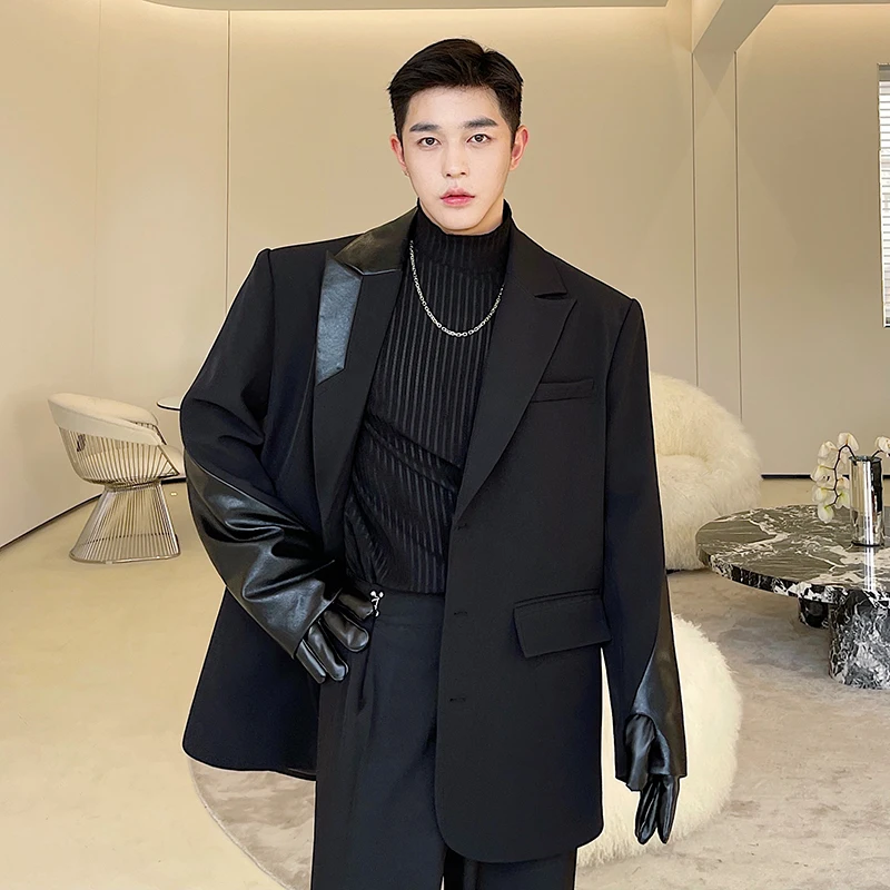 Men Fashion Show Korean Leather Splice Oversize Loose Casual Finger Sleeve Suit Jacket Blazer Man Vintage Streetwear Blazer Coat