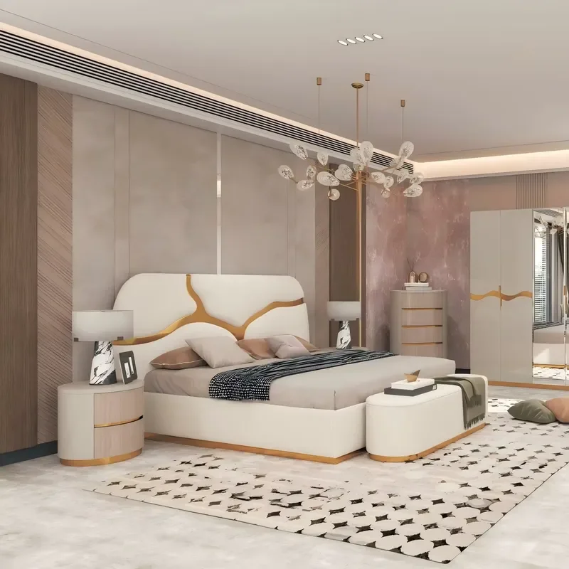 King Size Bedroom Furniture Set MDF Wood Bed Frame Wardrobe Closet Storage Deluxe Home Interior Design Modern Style Decor