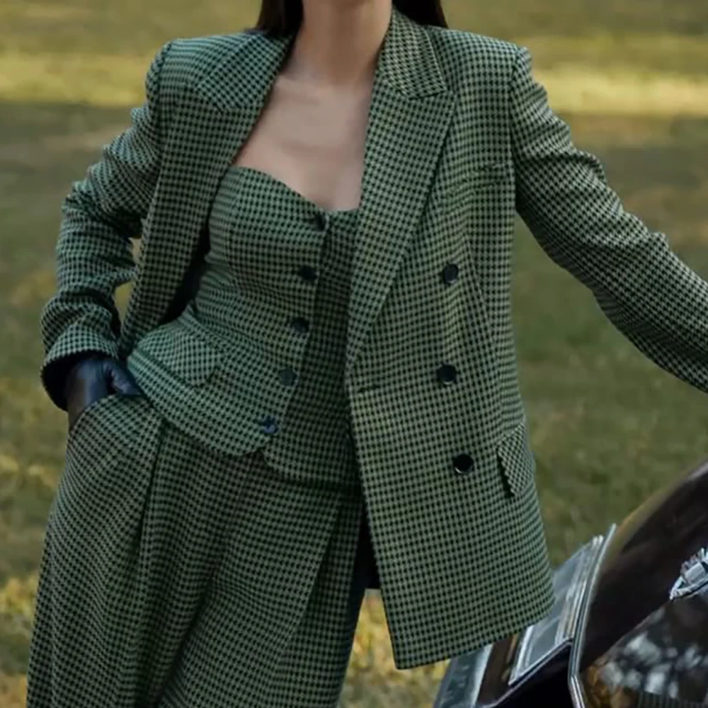 

Elegant Houndstooth Women Suits 3 Pieces (Jacket+Pants+Vest) Double-breasted Peaked Lapel Formal Casual Office Lady Set