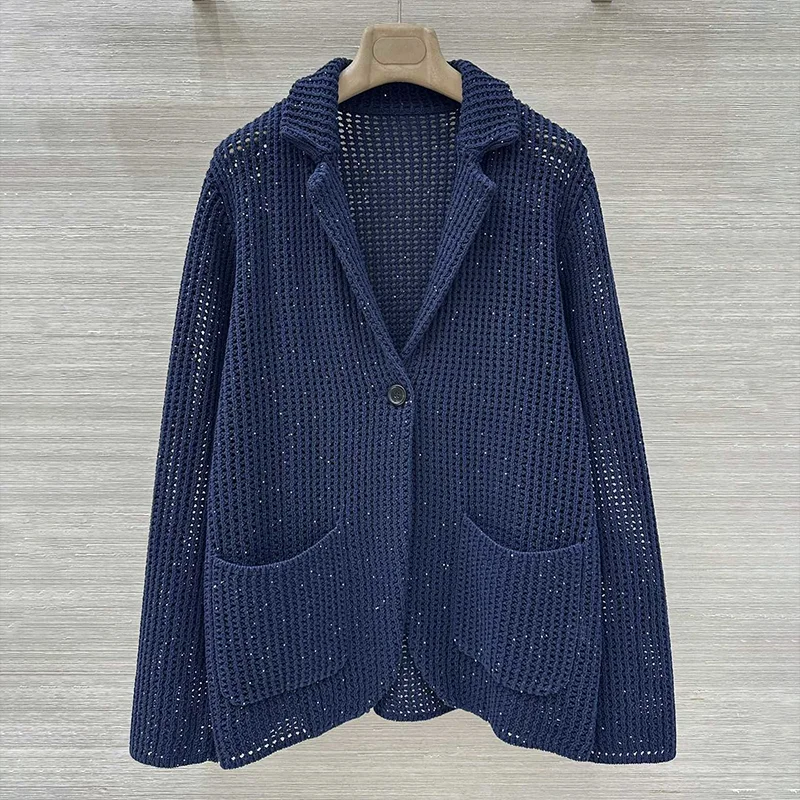 

Высококачественный женский трикотаж минимального дизайна, кардиган с плоским воротником и одной пуговицей, свитер свободного кроя 25112528