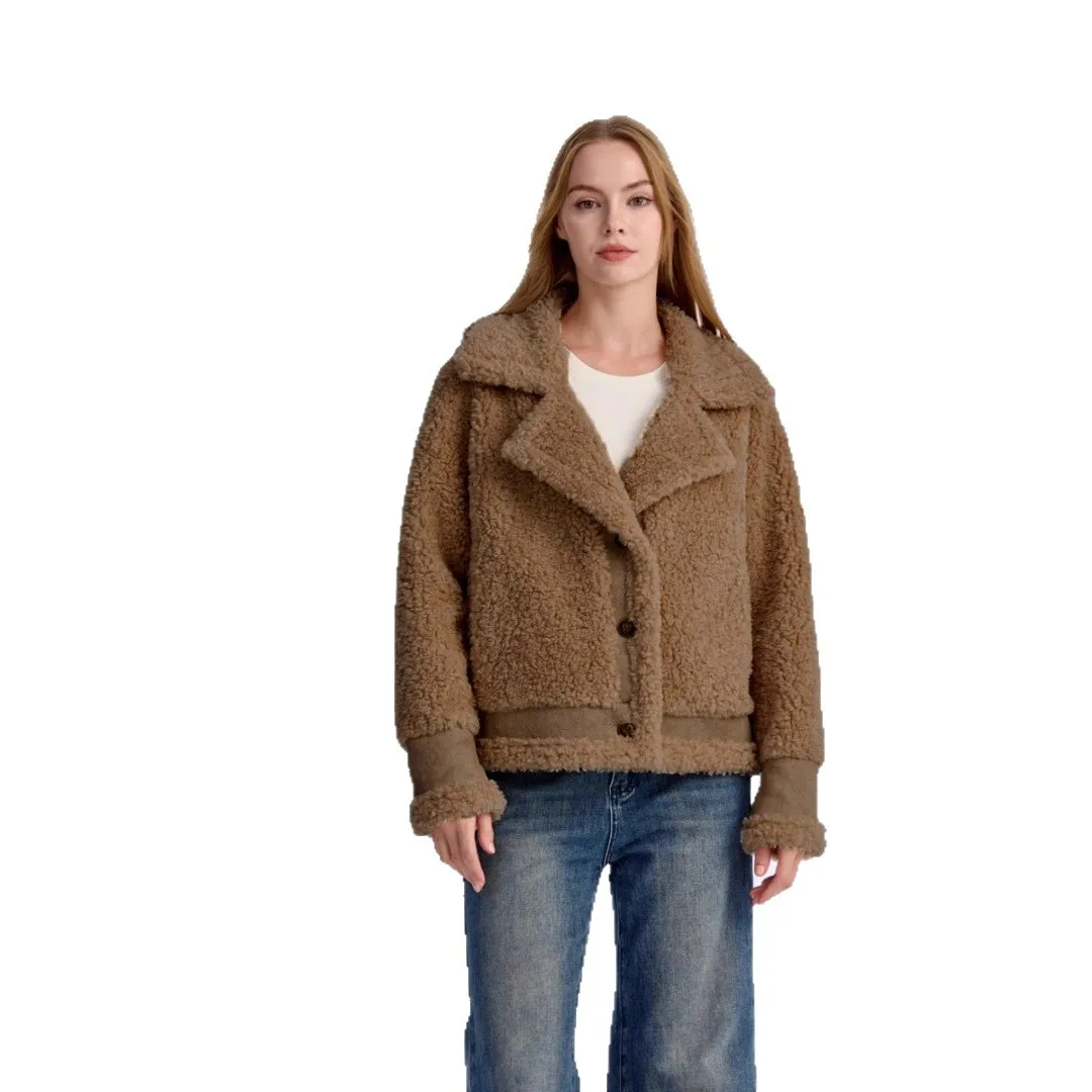Women's Khaki Faux Shearling Jacket Notch Collar Button Front Ribbed Hem Cuff Long Sleeve Vegan Fur Coat Casual Date Winter