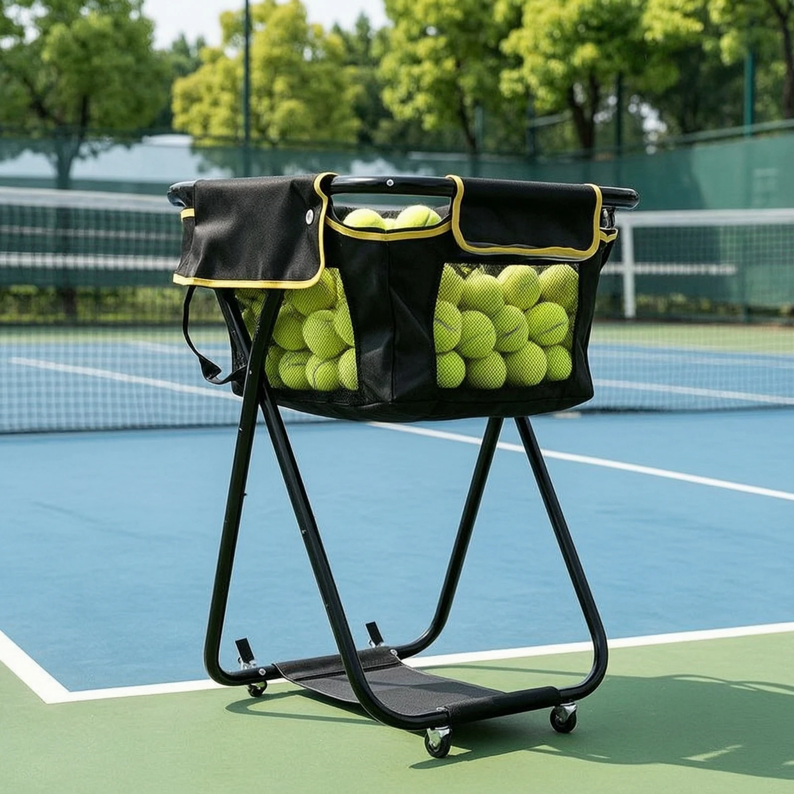 Panier à balles de tennis portable avec support, chariot à balles avec roues, pliable, robuste, pour entraîneurs