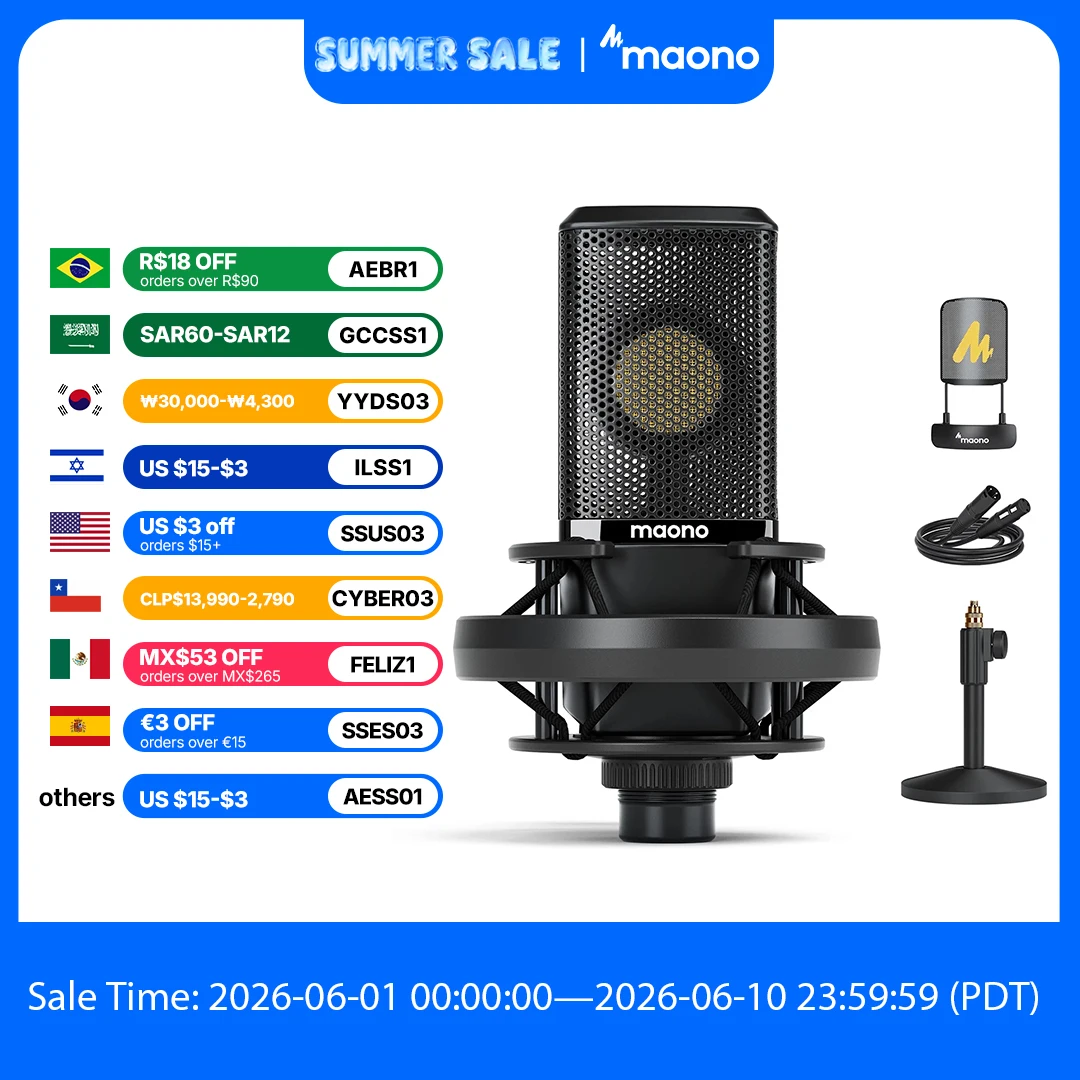 Microfono a condensatore XLR Maono PM500T con diaframma grande da 34 mm, microfono cardioide da studio per registrazione, podcasting, streaming, DJ
