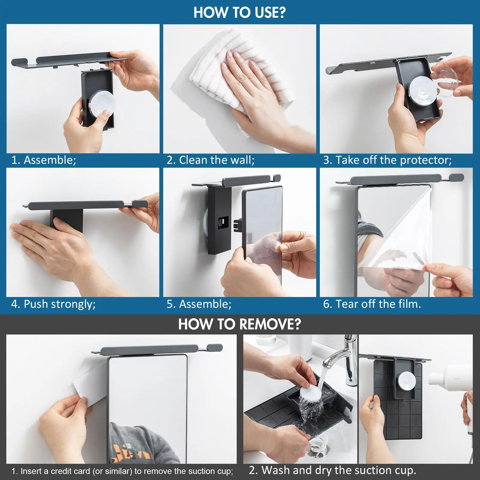 TAILI Shower Mirror Fogless for Shaving with Razor Holder, NO-Drilling & Removable Large Mirror Fogless Suction Wall Mounted