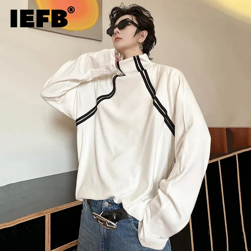 

IEFB Ribbon Decoration Men's Tops Mock Neck Long Sleeve Contrast Color Simple Casual Male Pullover New Trendy 2024 Autumn 9C3999