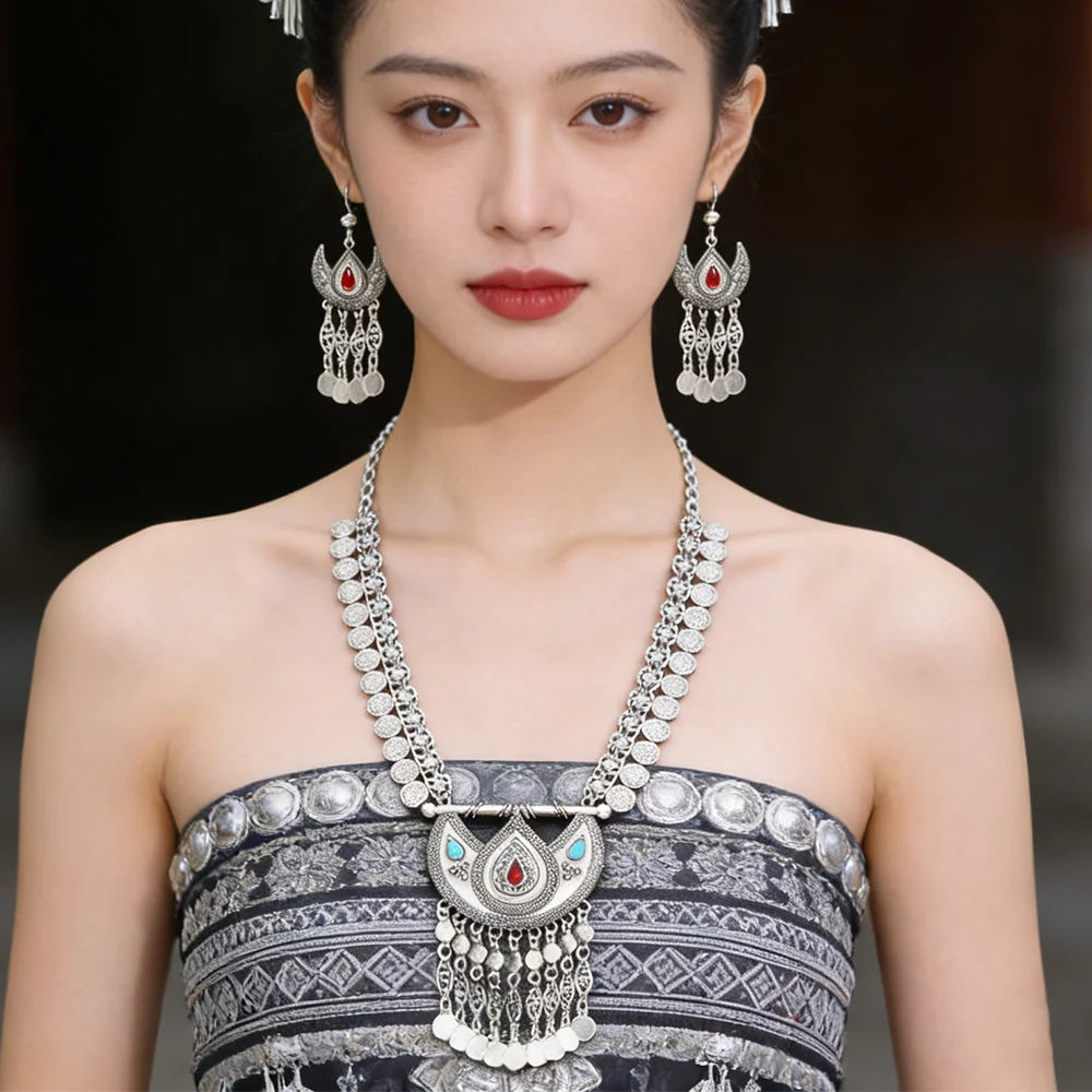 

Vintage Gold Coin Long Tassel Necklace Earrings Set for Women Afghan Kurdish Ethnic Tribe Statement Moon Pendant Jewelry Gift