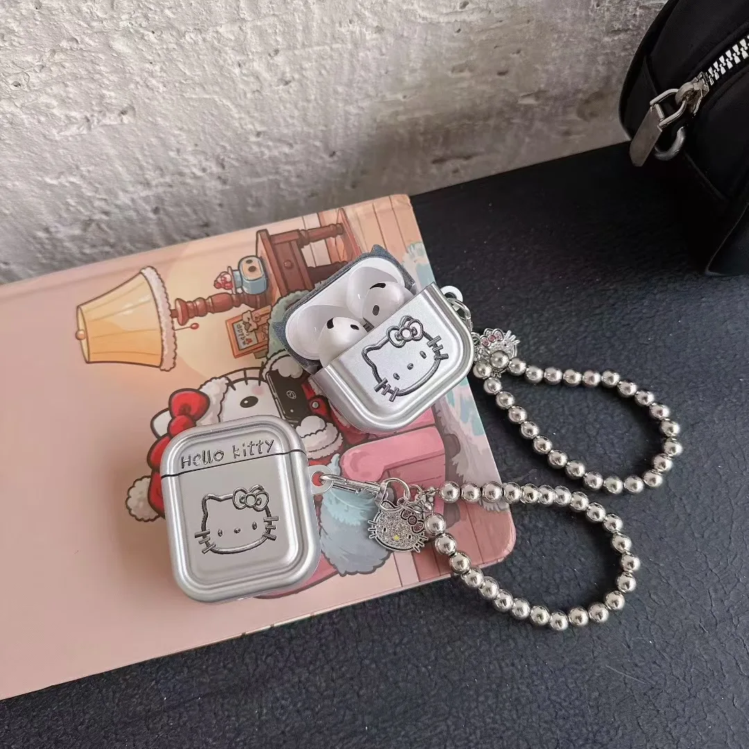 لطيف تصفيح الفضة طباعة مرحبا كيتي ل Airpods 4 Pro 2 1 2 3 4 سماعة لاسلكية تعمل بالبلوتوث سماعة الغطاء الواقي مع المفاتيح