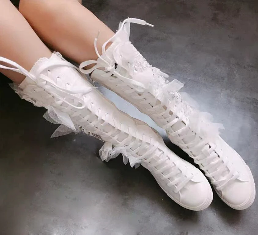 White Denim Cloth Rhinestone Beading Flower Flats Knee Boots Round Toe Cross Lace- Up Zipper Woman High Boots