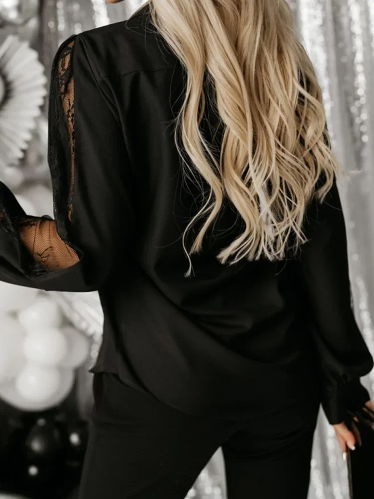 Autumn Hot Selling New Lace Patchwork Solid Color Shirt Ladies Button Casual Slimming and Slightly Elastic Hollow Sleeve Shirt