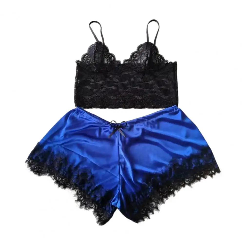 Women Pajama Set Lace Pajama Top Satin Shorts with Black Silk Bow And Lace Trim Sexy Lace Camisole Set for Women Home Sleepwear