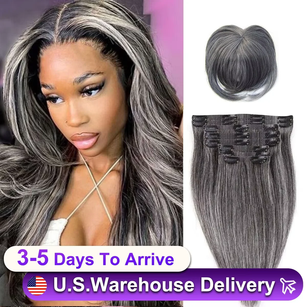 Extensiones de cabello con Clip de PU sin costuras para mujer, pelo humano liso de 140g, trama de piel, Color de cabello gris, Clip Ins