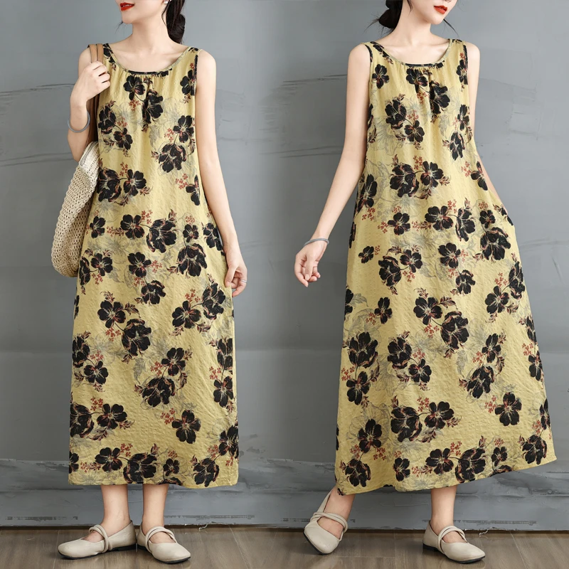 

Элегантное длинное летнее платье-жилет без рукавов из хлопка и льна с цветочным принтом большого размера для стильных женщин, повседневный стиль