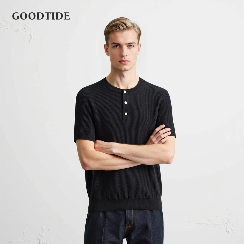 Men's Knitted Henry Collar Short Sleeve T-shirt Summer Solid Color Business Casual Retro American Work Bottoming Shirt Top Men