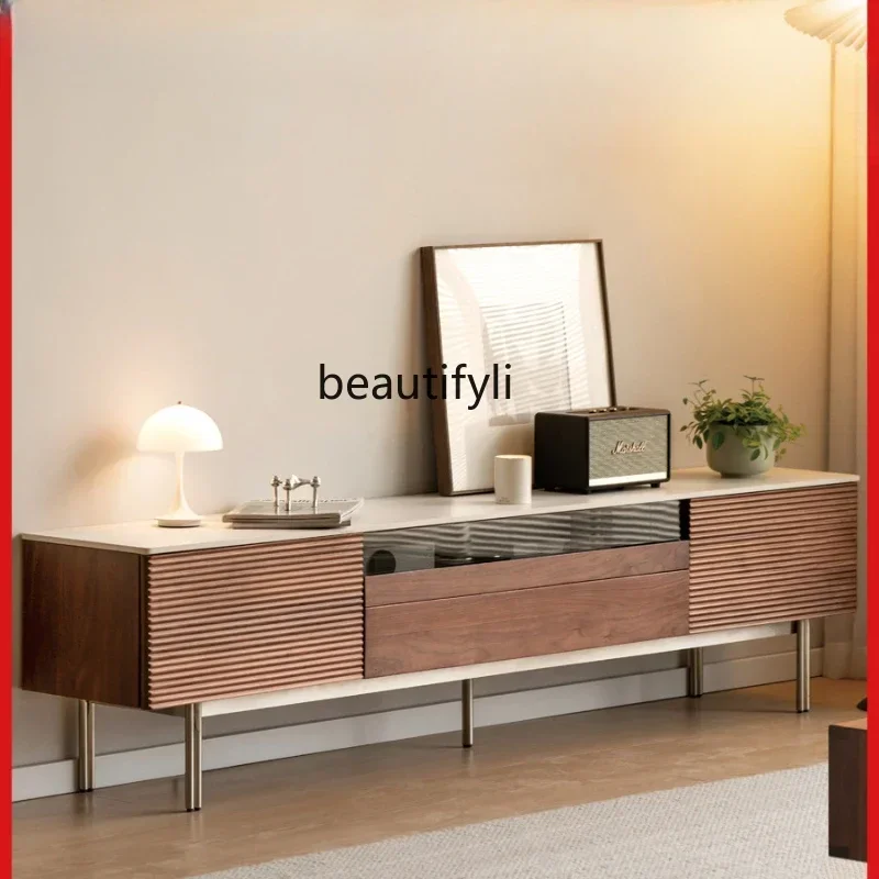 

LD6Solid Wood TV Cabinet Storage Living Room Light Luxury Household Stone Plate Floor Cabinet