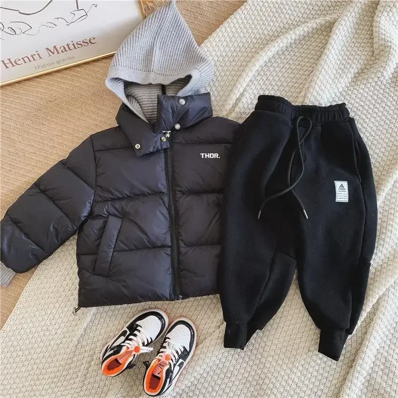 2023New Winter Baby Toddler Boy Korean Style Knitted Patchwork Hooded Jacket Coat Thicken Outdoor Wear 2-7YEARS