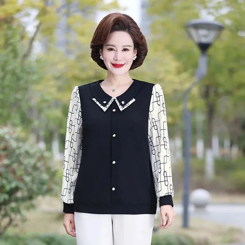 

Women's Black Contrast Geometric Print Long Sleeve Top Peter Pan Collar Button Decor Blouse for Middle-Aged Ladies