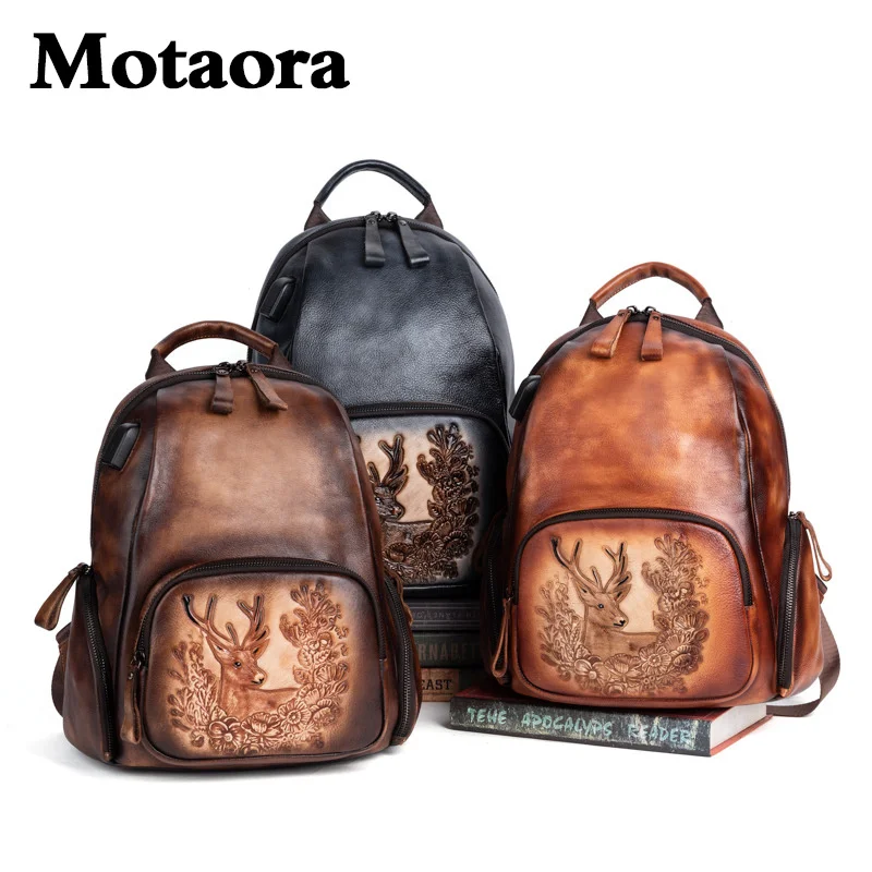 MOTAORA-mochila Retro de piel de vaca para mujer, bolso de hombro de cuero genuino de gran capacidad, bolsos de compras portátiles Vintage, 2024