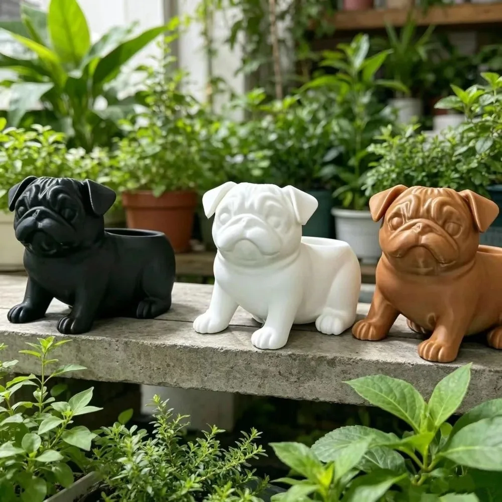 3D Printed Pug Shaped Planter Pot Funny Plastic Animal Shaped Pot Minimalist Handmade Pug Figurine