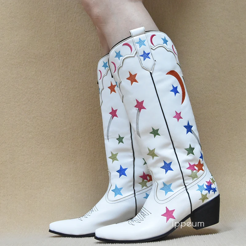 IPPEUM White Cowboy Boots Star Western Knee High Shoes For Women Plus Size 43 Cowgirl Vintage Embroider Botte Cowboy Femme