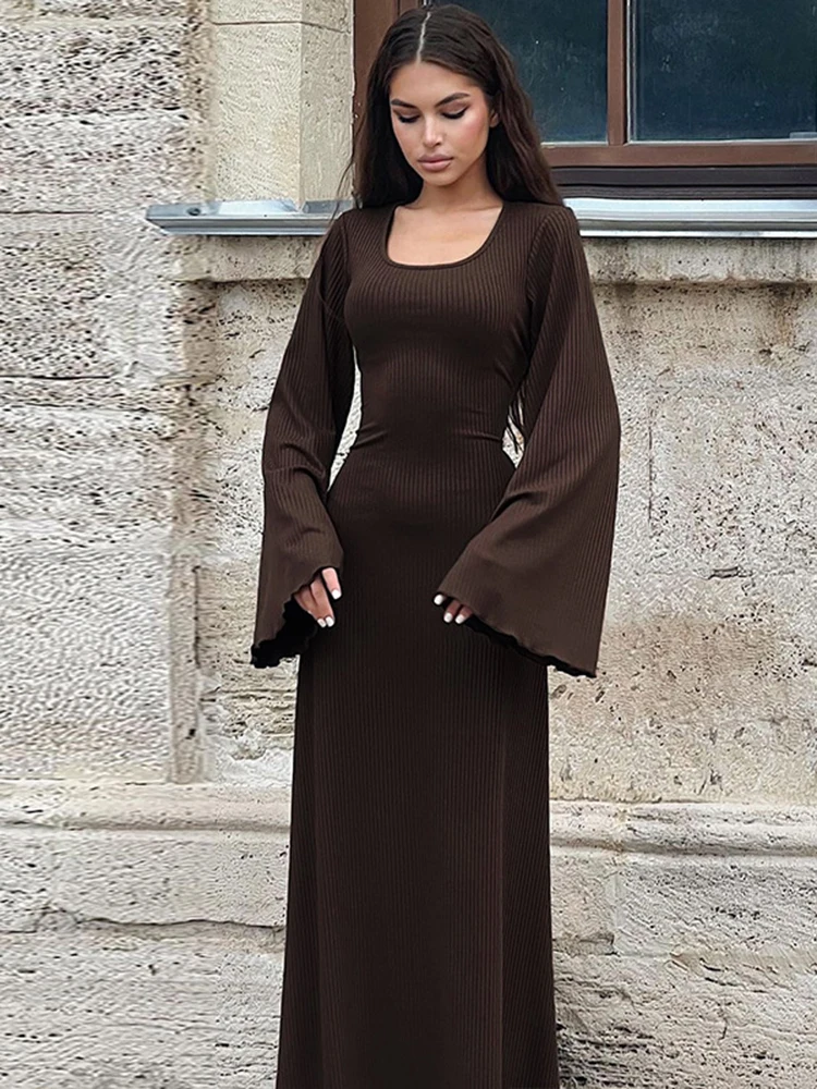 Evelyth Fashion Square Collar Ribbing Loose Long Dress Basic Long Sleeve Causal Solid Color Dress Autumn Women Streetwear 2024