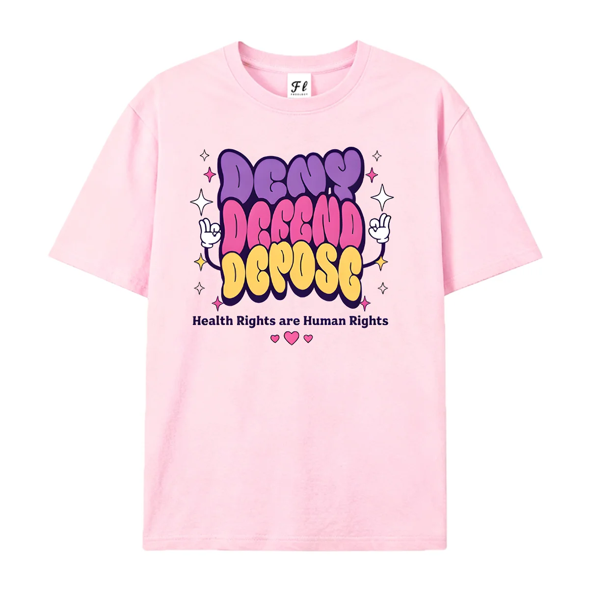 Deny Defend Depose Retro Bubble Letter Graphic T‑Shirt Health Rights Are Human Rights Print Crew Neck Short Sleeve Casual Wear