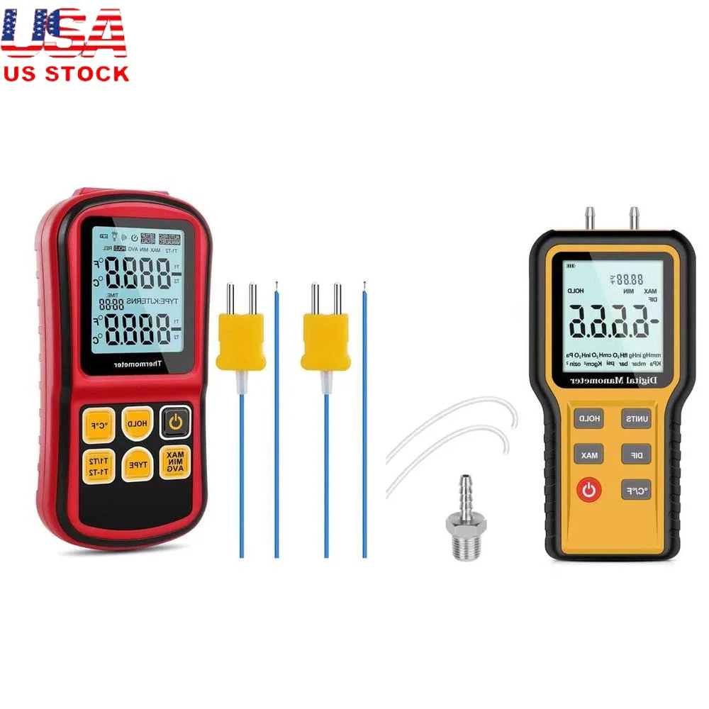 Professional Dual Channel Digital Thermocouple Thermometer Large LCD Display ±20.68 kPa/±2.999 psi Accuracy Wide Measurement