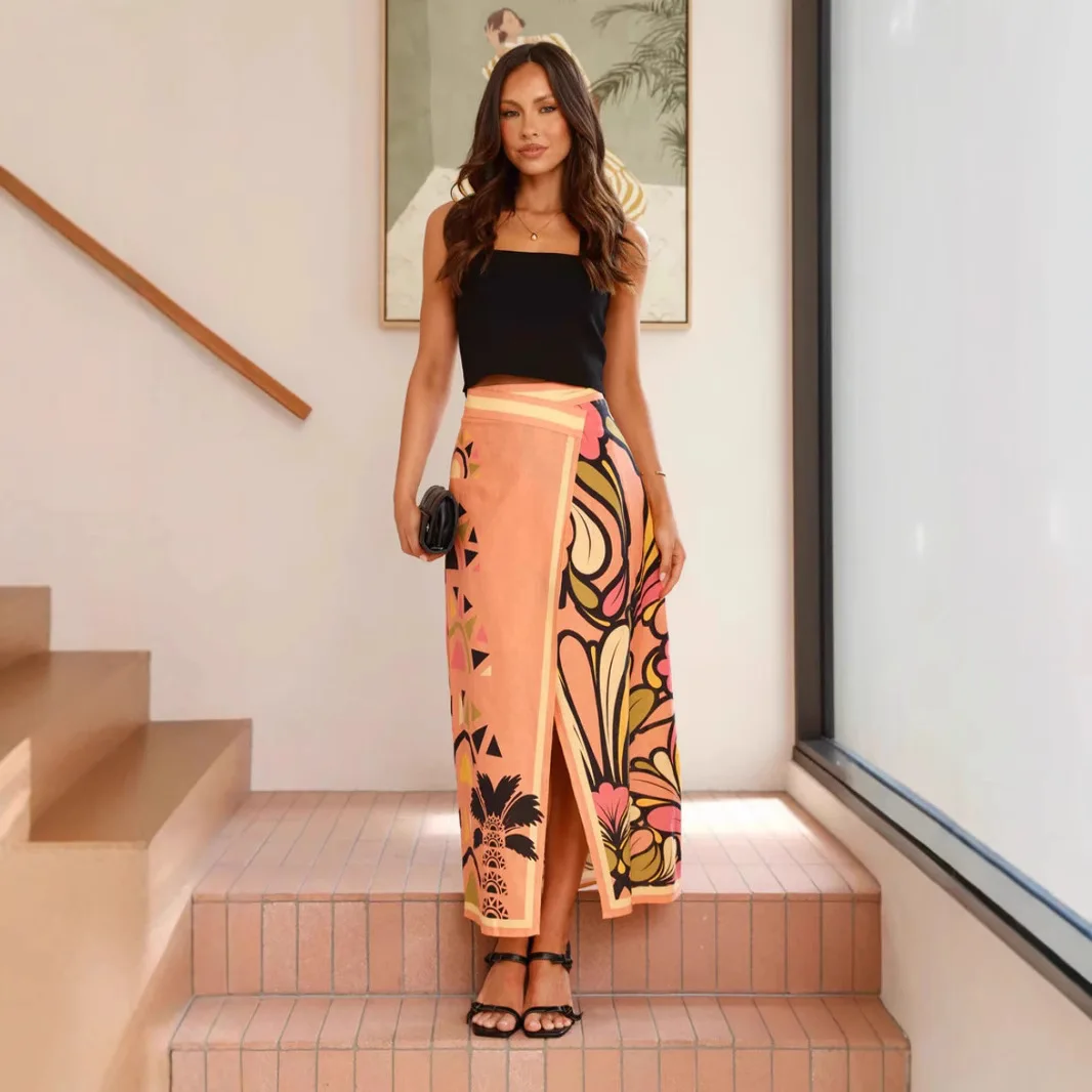 

Summer 2025 New Women's Vacation Style Printed Casual Skirt -68711
