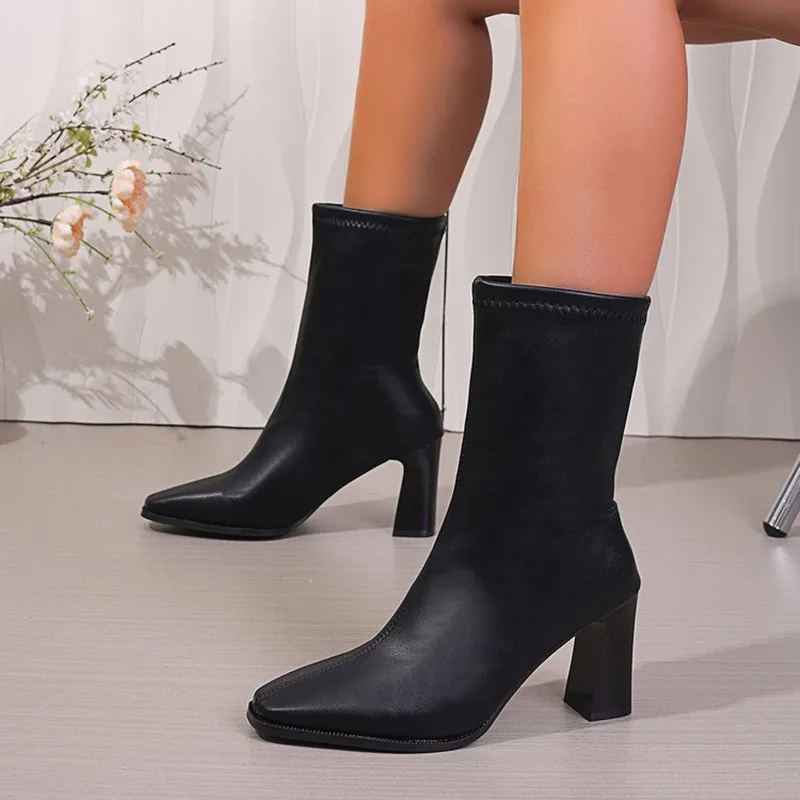 2026 New Brand Pu Black Ankle Boots Autumn Winter Shoes French Retro Pointed Toe High Heel Chelsea Boots Designer Short Booties