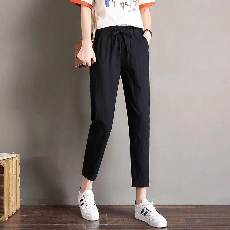 Imitation Cotton Linen Nine-Point Harem Pants Female Korean2025Summer New High Waist Radish Trousers Casual Straight Pants Woman