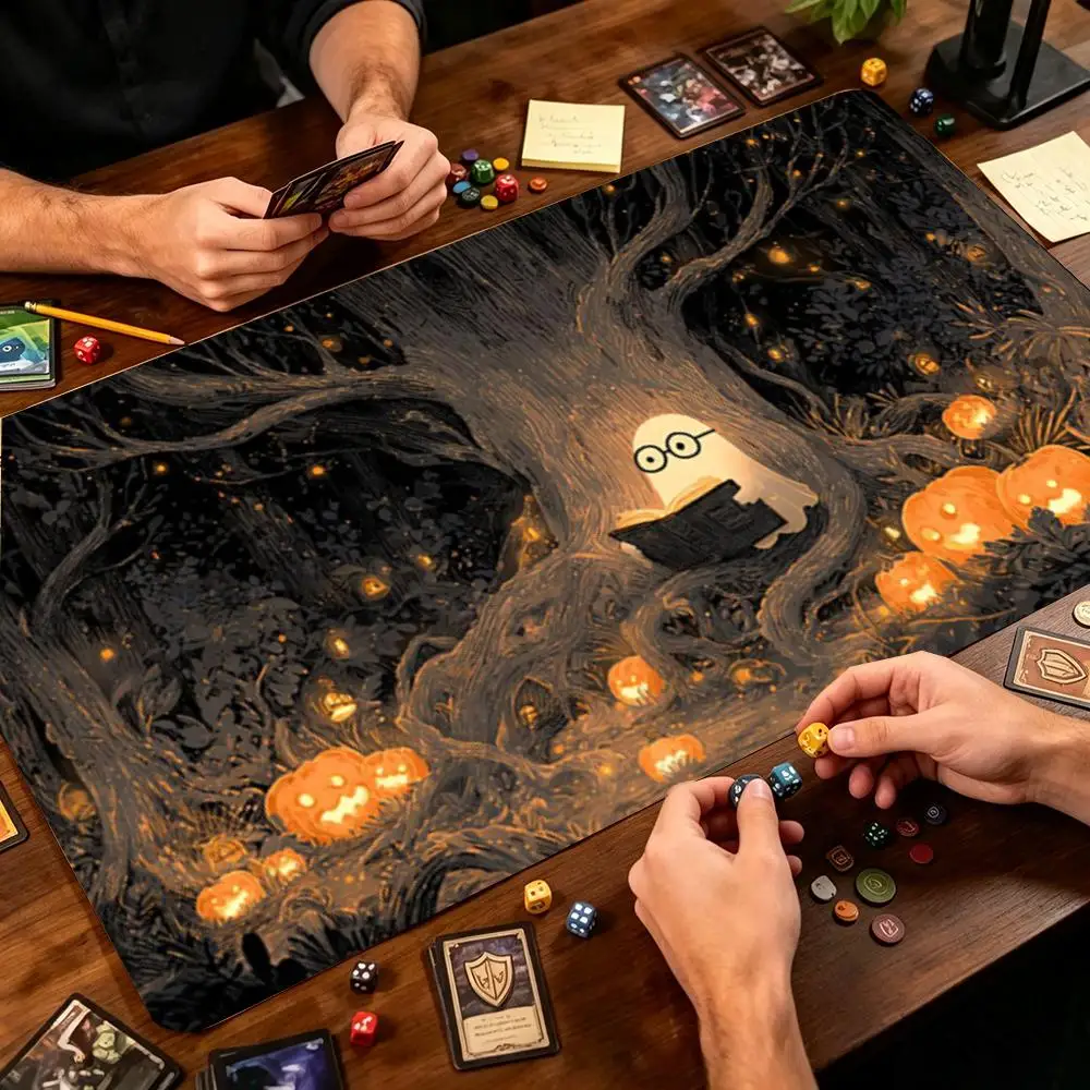 Ghost Reading Book Pumpkin Forest Halloween TCG Playmat Large Desk Mat Mouse Pad Mousepad NonSlip For Trading Card Game Tabletop