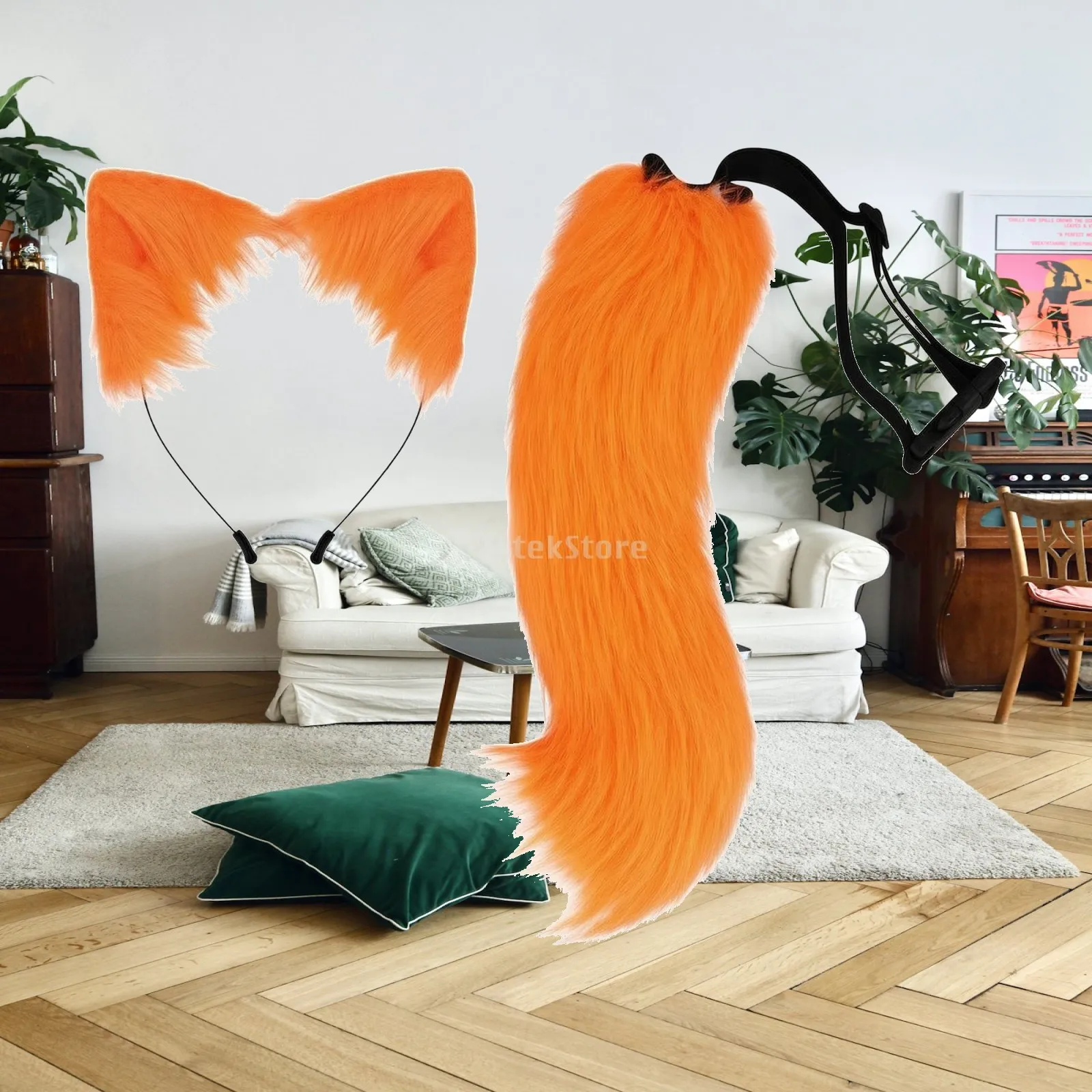 Faux-Fuzz Feline Tail with Cat-Ear Headband Soft Feline-Tail Costume Accessory with Headband One Size Fits Most Comfortable