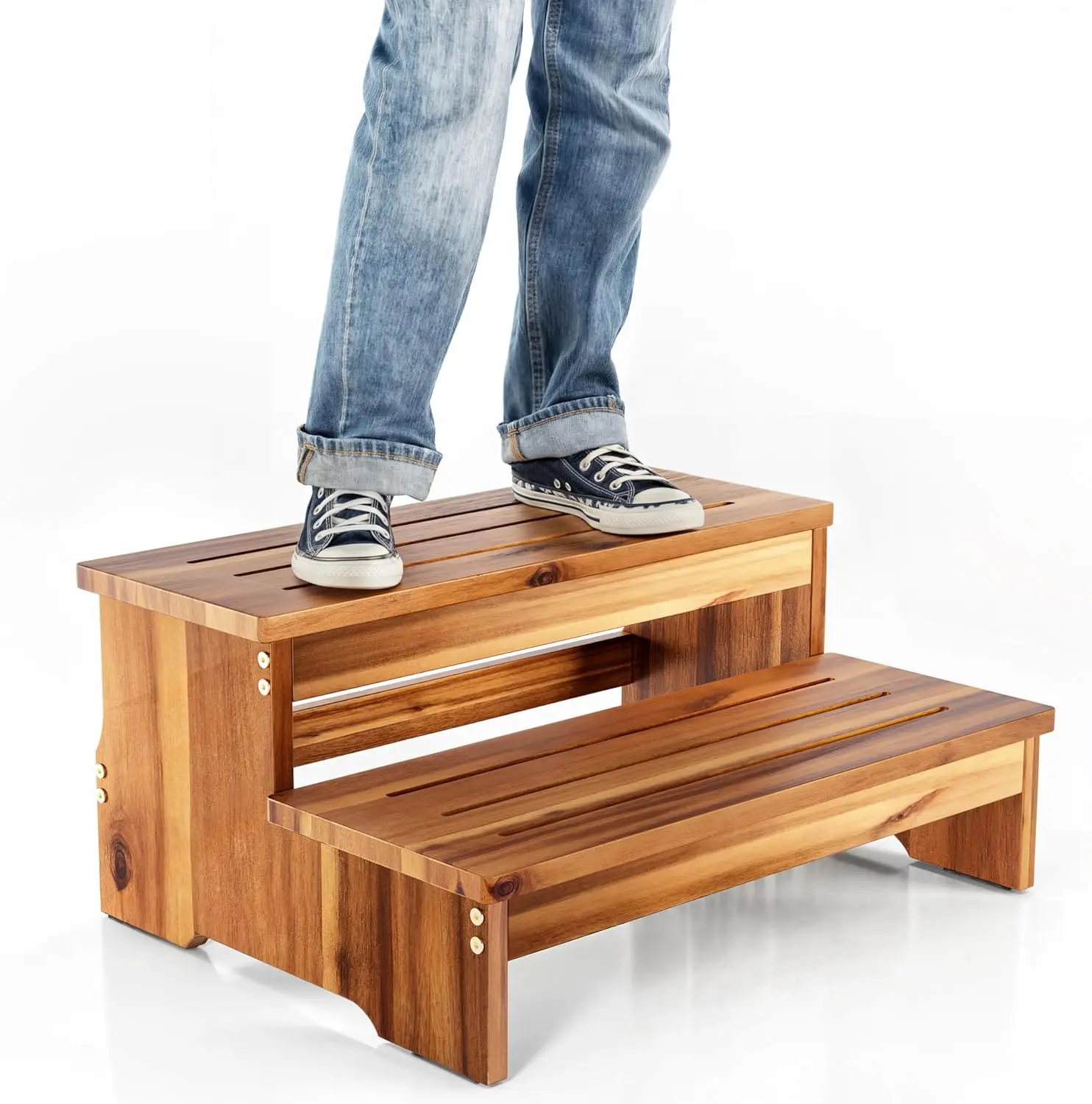 Taburete de Dos Peldaños de 25 Pulgadas de Largo, 500 Libras de Capacidad - Escalón de Madera de Acacia para Spa, Piscina, Cama, Cocina y Uso en Exteriores (Patente en Trámite)