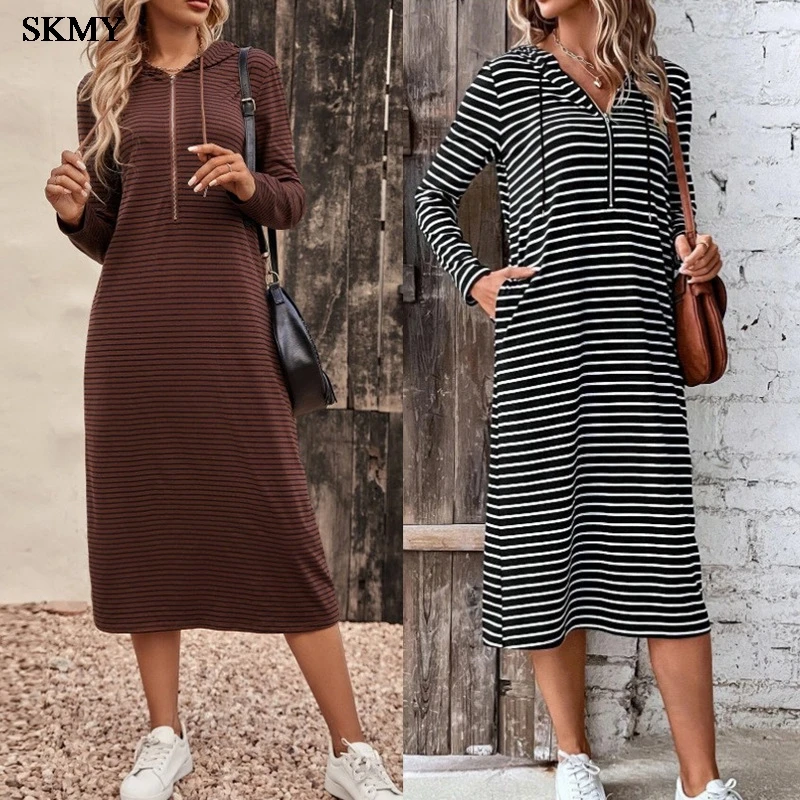 

SKMY 2024 Women's Spring Striped Hooded Slim Fit Fashionable Long Sleeved Dress Dugie Suknie