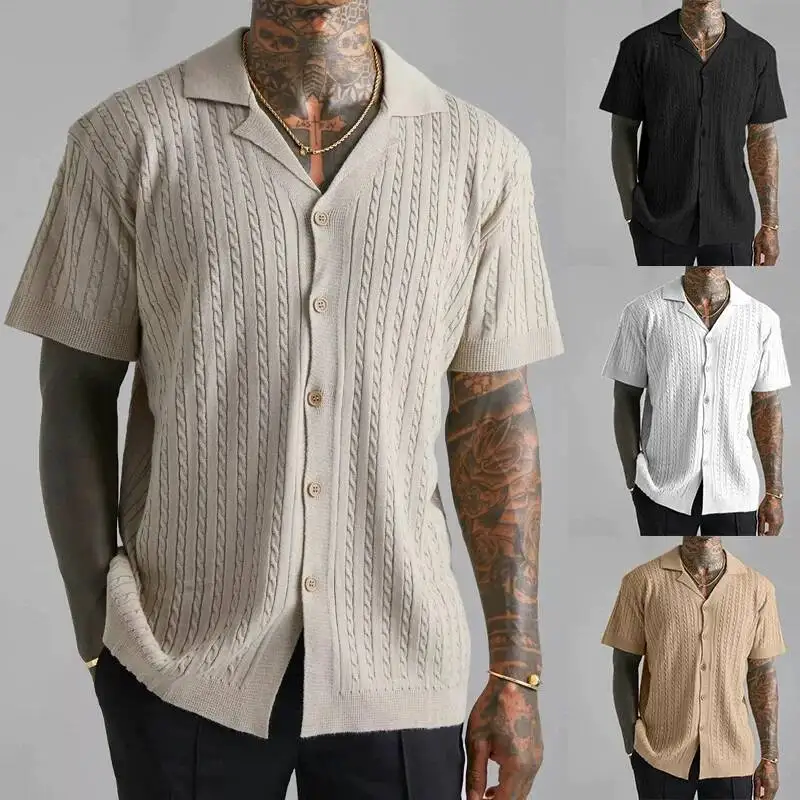 

Spring Summer Knitted Button-Down Shirts, Casual Men's Breathable Short-Sleeved Shirts And Tops