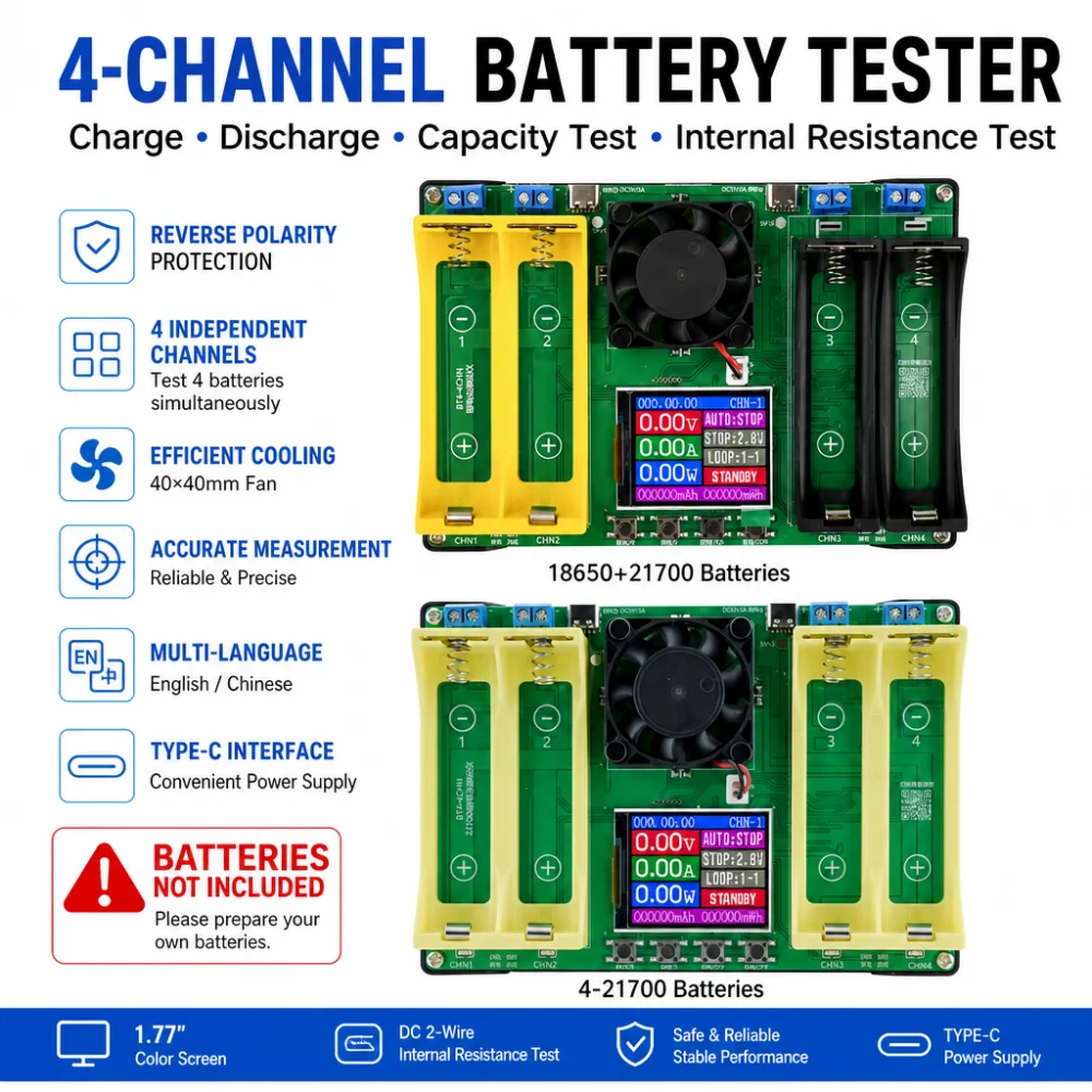 18650/21700 4-Channel Battery Tester, 1.77-inch Color Screen Internal Resistance Tester, Type-C Port