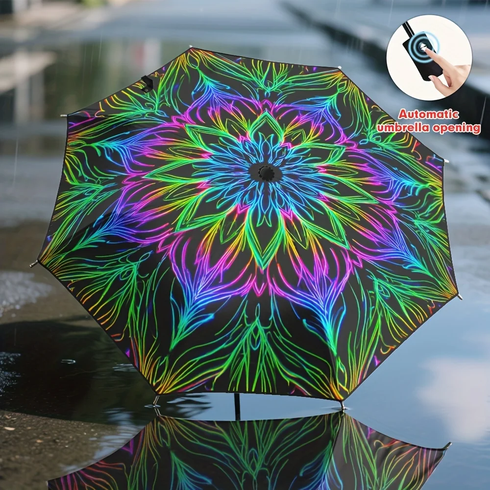 

1pc Neon Mandala Automatic Umbrella with Neon Glow-in-the-Dark Effect - Auto Open/Close, Compact Folding Travel Umbrella for M