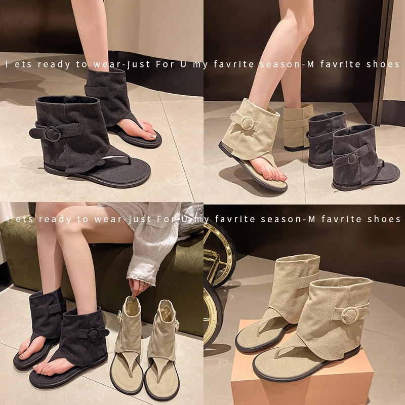 Belt Buckle Summer Open Sandals 2024 New Casual Shallow Cover Heel Flat Short Boots khaki Fashion Women Roman Sandals