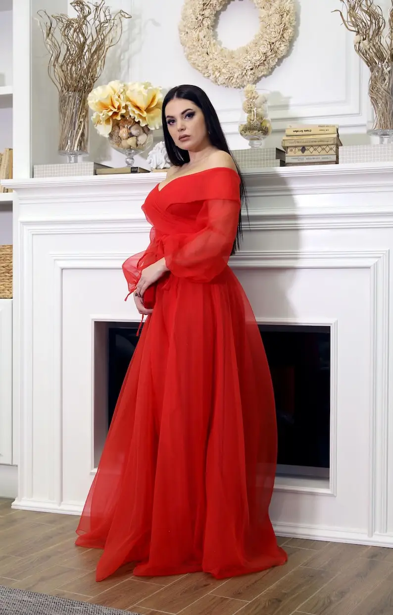 Luxueux robe de soirée de vacances en mousseline de soie rouge, épaules dénudées, avec fente, robe formelle élégante pour femmes