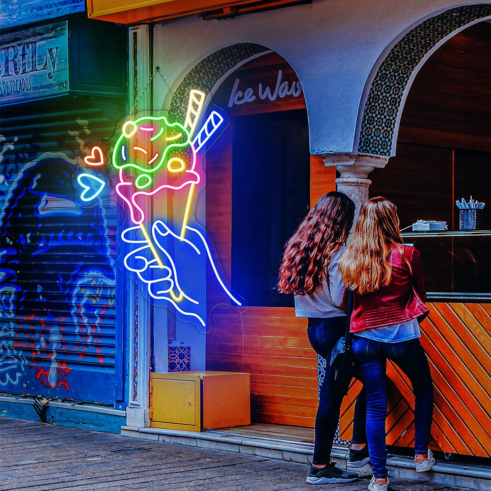 Hand Holding Ice Cream Neon Sign Ice Cream Store Decor Led Light Sweet Frozen Desserts Neon Hand Holding Gelato Lights Sign