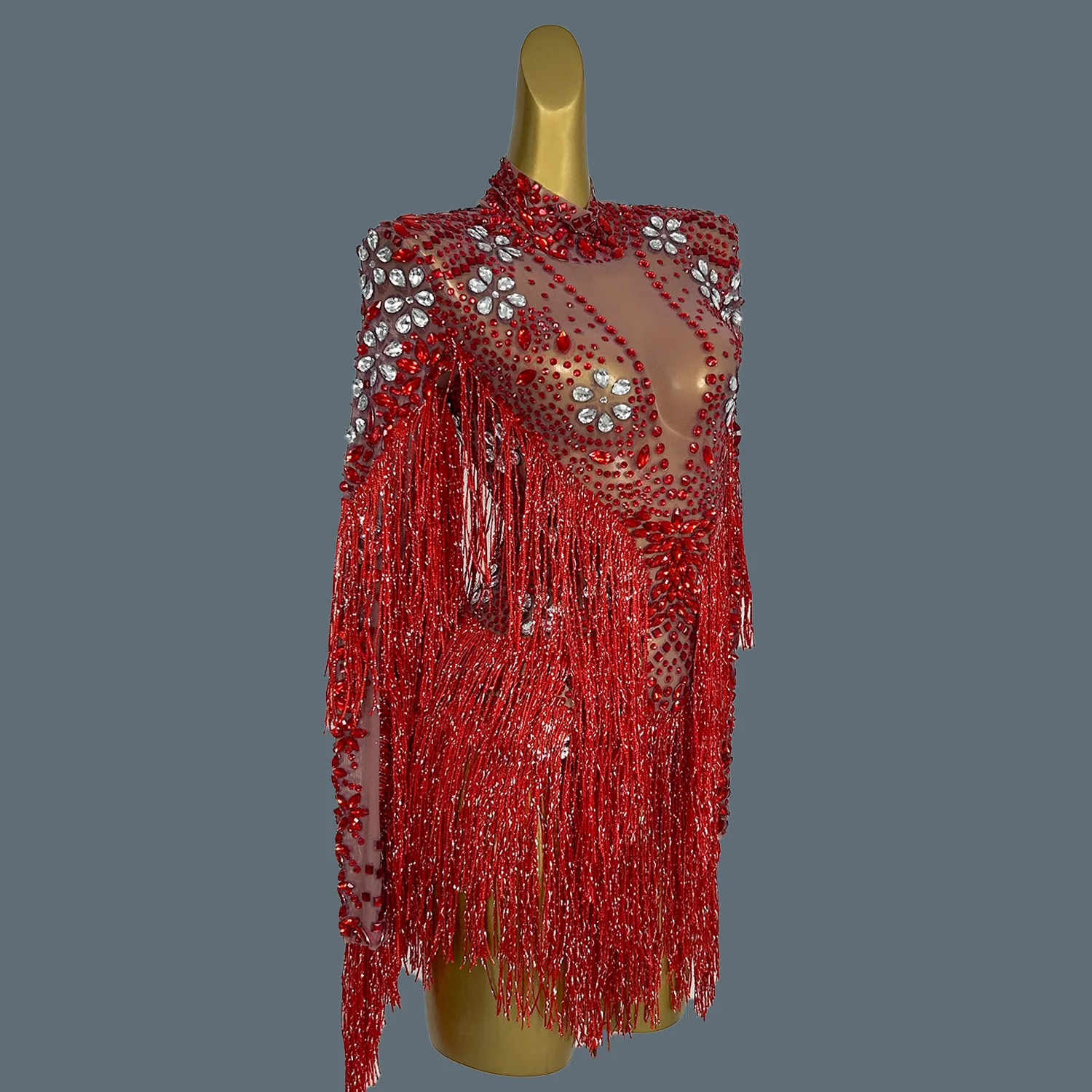 Sexy Red Tassel One Piece Short Jumpsuit Stripper Outfits Dancewear Women Stage Performance Rhinestone Bodysuit Shenhong