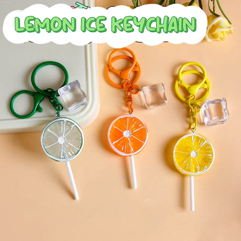 Creative Cute Simulation Lemon Lollipop Ice Cubes Keychain Pendant Simple Key Ring Backpack Decoration Accessories Gifts