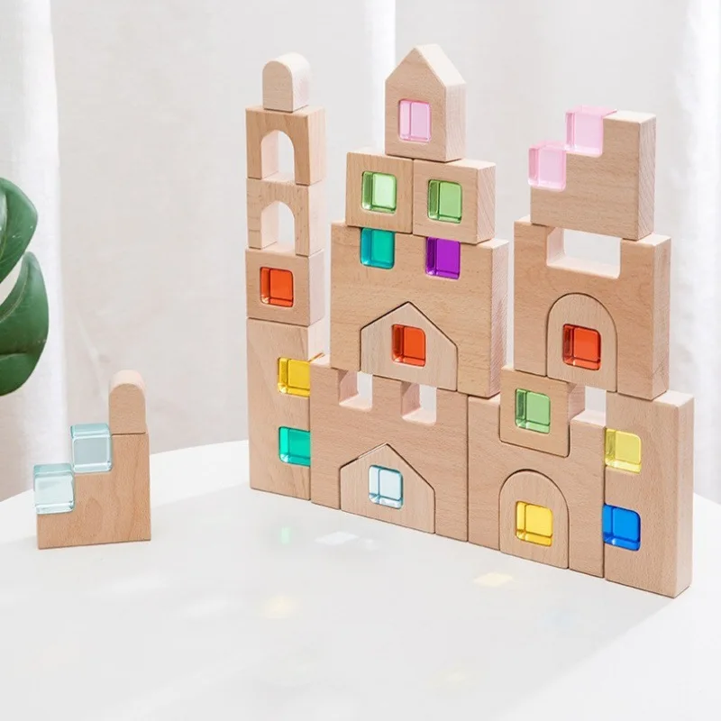 Wooden fairy tale town building block castle kindergarten build educational  translucent acrylic light and shadow building block