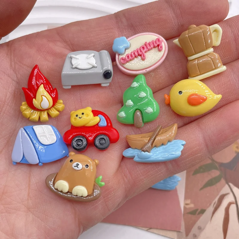 10pcs Camping Tent Fire Bed Boat Picnic Accessoires Miniatures Resin Flatback Cabochons Phone Case Decoration DIY Accessories