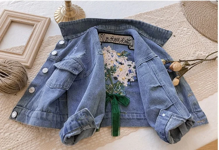 Giacca di jeans cappotto ricamato cappotto per bambini fiore retrò nuovo autunno neonate vestiti capispalla 3-10 Y giacche